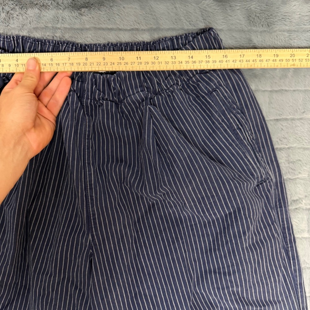Aerie Navy White Pinstripe Wide Leg Pants Elastic Waist L Short Cotton Lyocell - Picture 2 of 9